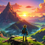 **A lone adventurer silhouetted against a stunning vista in Hyrule (inspired by "The Legend of Zelda: Breath of the Wild"). Jagged mountains, lush forests, and ancient ruins fill the landscape. The sky is a vibrant mix of sunset colors.**